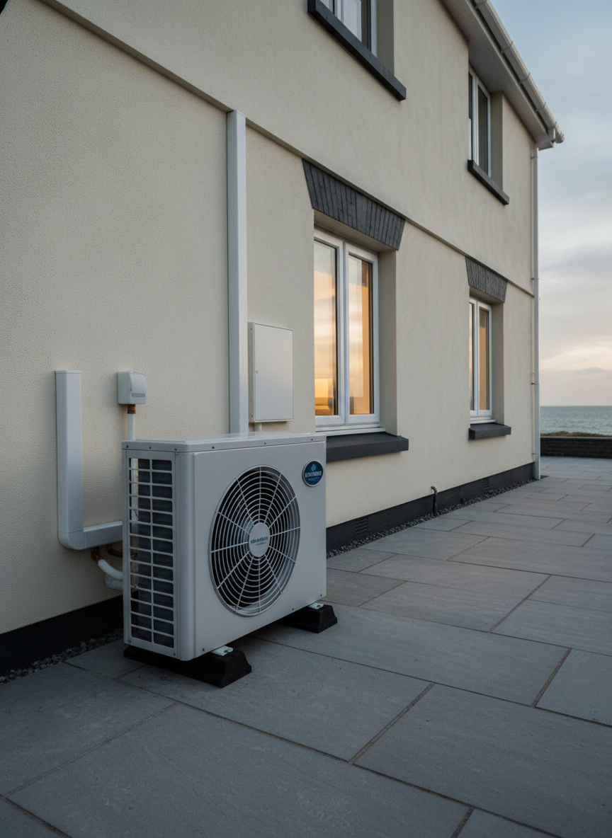 A peaceful exterior scene of a semi-detached coastal home in East Wittering at dusk, showing a newly installed, ultra-quiet air source heat pump on a neat paved area beside the house. The compact unit, in subtle light grey, sits on rubber anti-vibration feet, with its fan grille and discreet manufacturer badge clearly visible. Insulated white and copper pipework runs neatly into the wall, with protective trunking. The house exterior features clean cream render and dark slate sills, with a glimpse of the sea-coloured evening sky behind. Warm indoor light glows faintly through a nearby window, suggesting a cosy interior. Photographic realism, shot at a slightly low, three-quarter angle, with balanced ambient light and a calm, efficient, eco-friendly atmosphere.